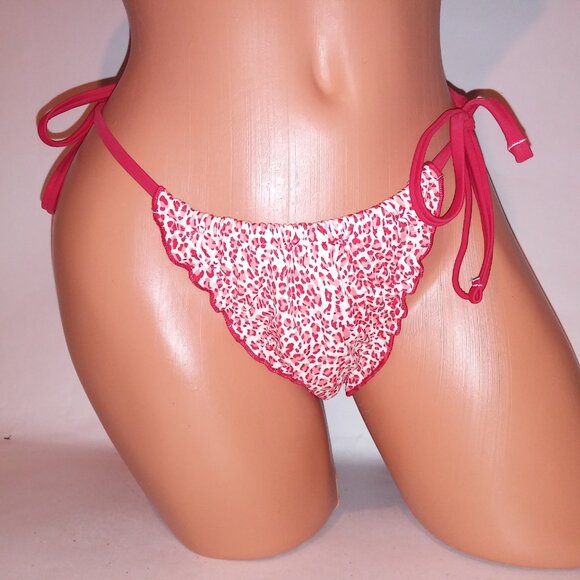 Victoria Secret PINK Swim Bikini Bottom Thong Red White Leopard Ruffle String Ti - Picture 2 of 8